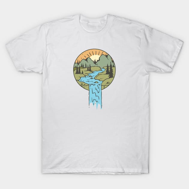 Sunrise River Forest Cartoon Logo Tshirt T-Shirt by evergreen_brand